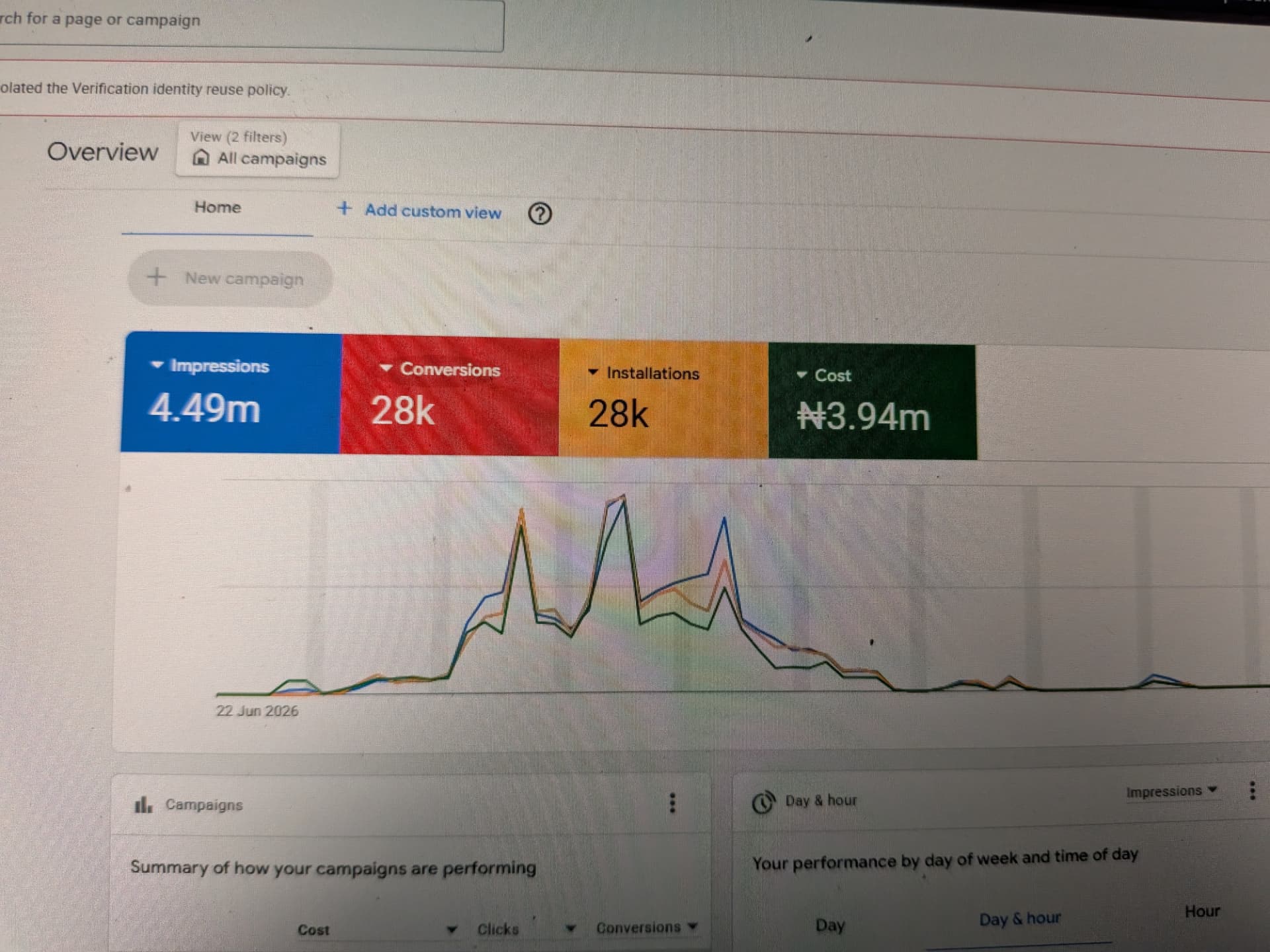 App installs — fintech — live Google Ads dashboard, Jun 2026